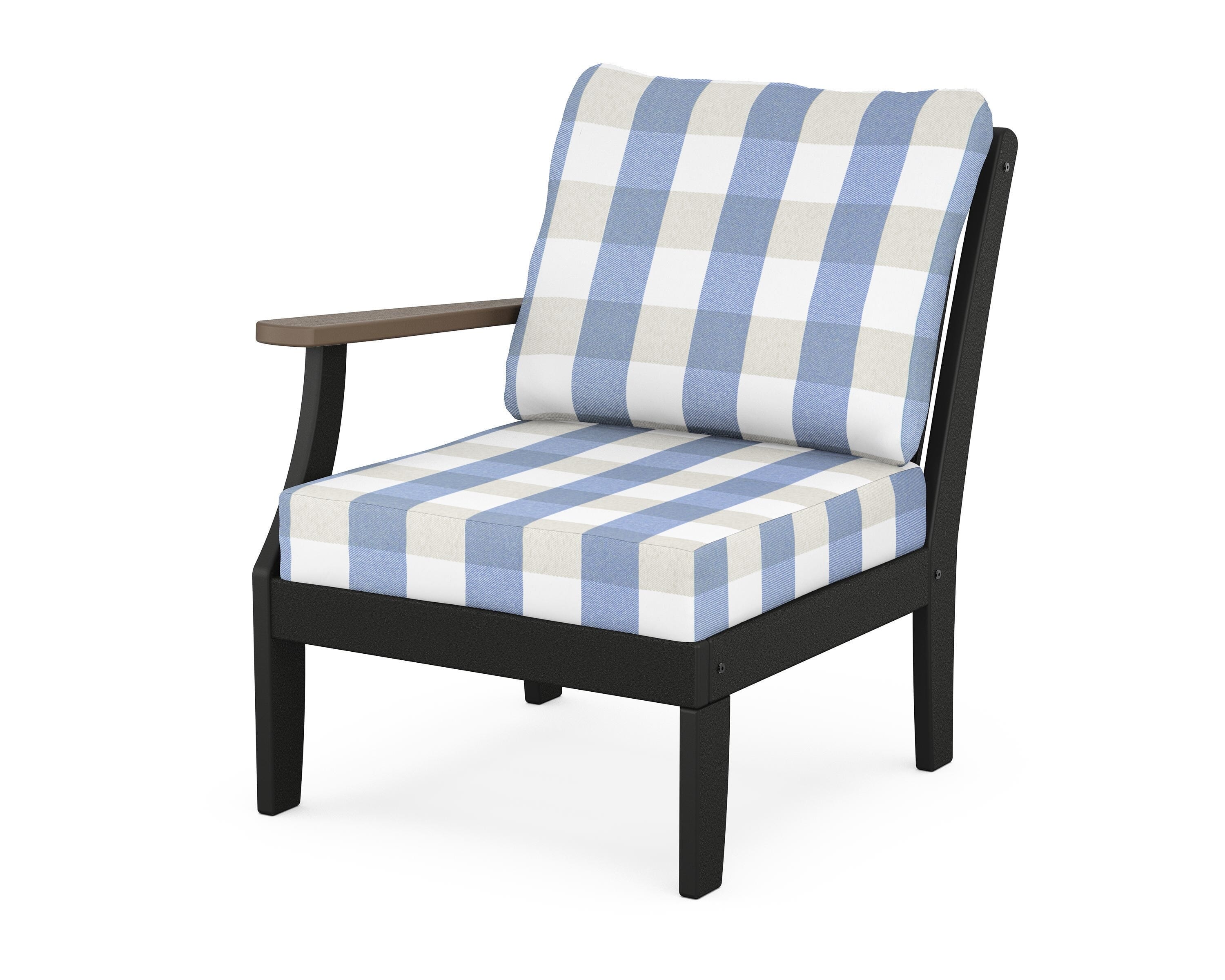 POLYWOOD® Braxton Modular Left Arm Chair in Black / Kona / Buffalo Plaid Sky Blue