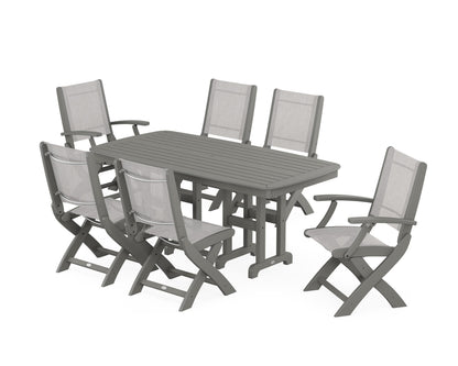 POLYWOOD® Coastal Folding Chair 7-Piece Dining Set in Slate Grey / Parchment Sling