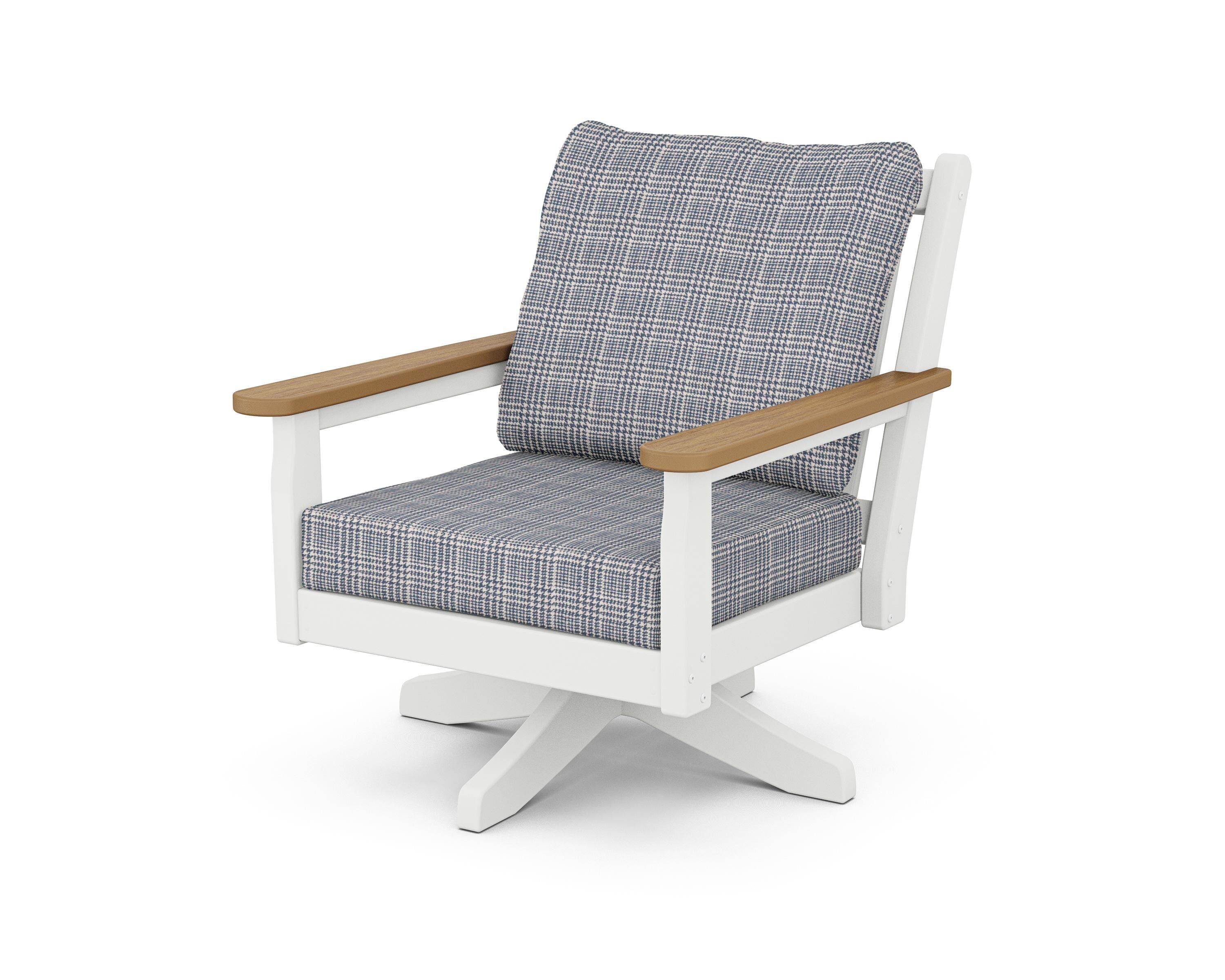 POLYWOOD® Chippendale Deep Seating Swivel Chair in White / Natural / Houndstooth Sky Blue