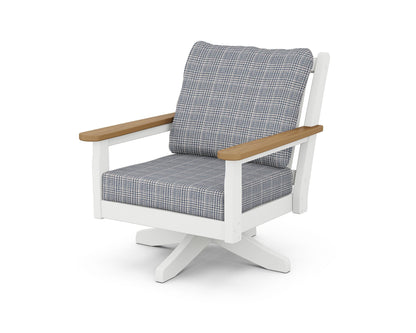 POLYWOOD® Chippendale Deep Seating Swivel Chair in White / Natural / Houndstooth Sky Blue