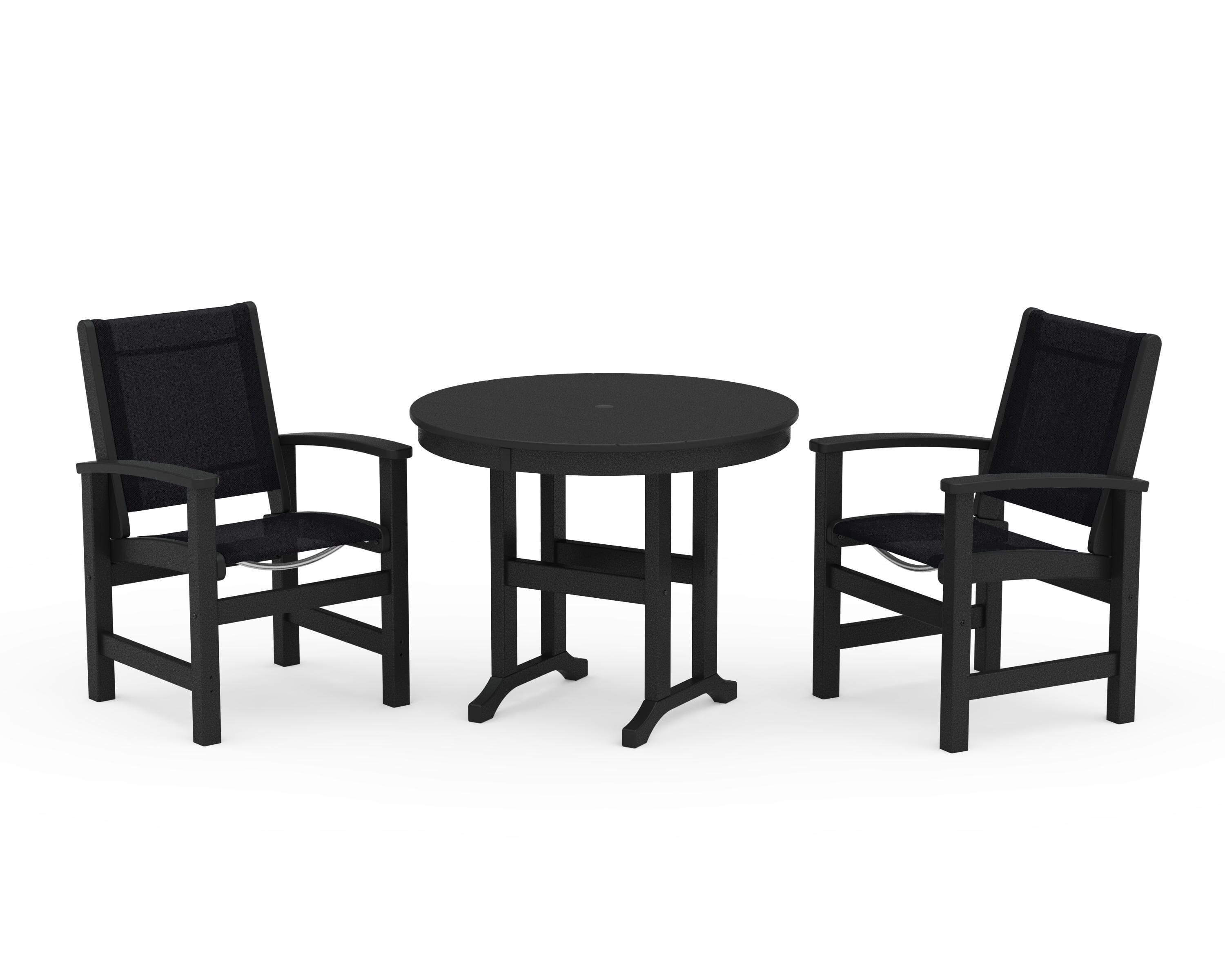 POLYWOOD® Coastal 3-Piece Round Dining Set in Black / Black Sling
