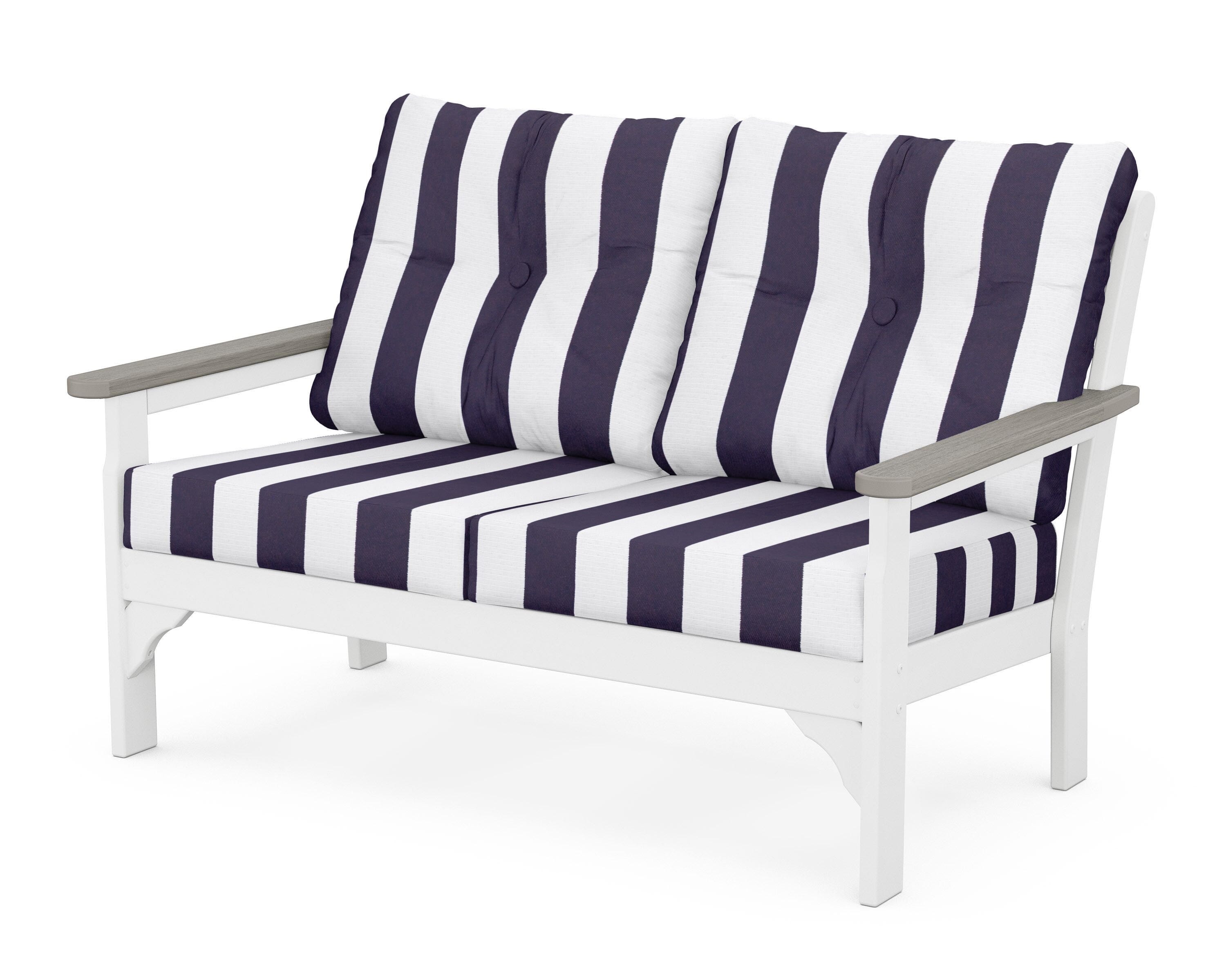 POLYWOOD® Vineyard Deep Seating Loveseat in White / Driftwood / Cabana Stripe Navy