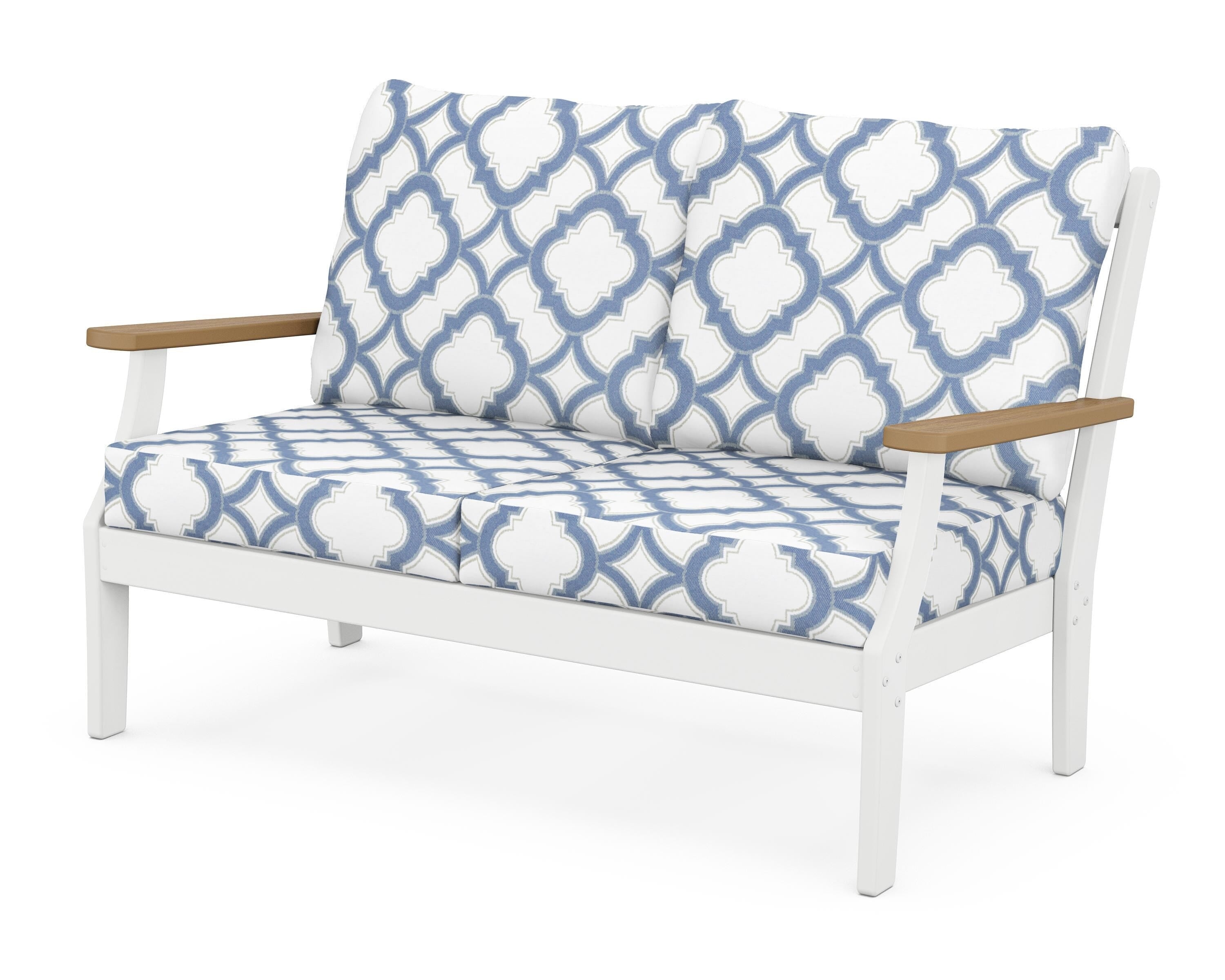 POLYWOOD® Braxton Deep Seating Loveseat in White / Natural / Trellis Sky Blue