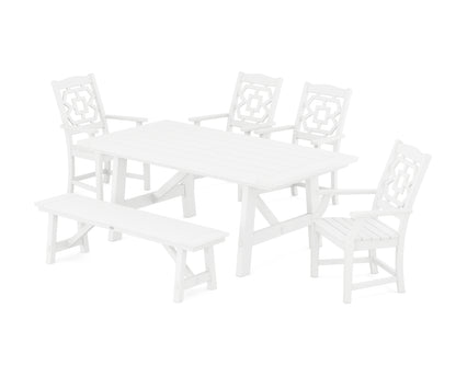 Martha Stewart by POLYWOOD® Chinoiserie 6-Piece Rustic Farmhouse Dining Set with Bench in White