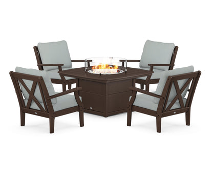 POLYWOOD® Braxton 5-Piece Deep Seating Conversation Set with Fire Pit Table in Mahogany / Spa