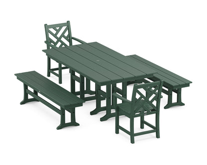 POLYWOOD® Chippendale 5-Piece Farmhouse Dining Set with Benches in Green