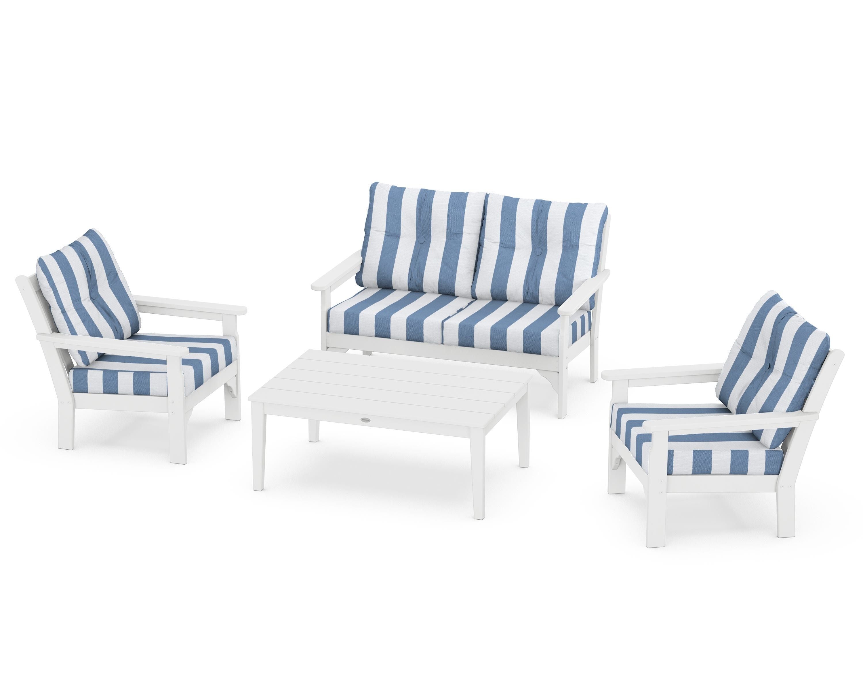 POLYWOOD® Vineyard 4-Piece Deep Seating Set in White / Cabana Stripe Sky Blue