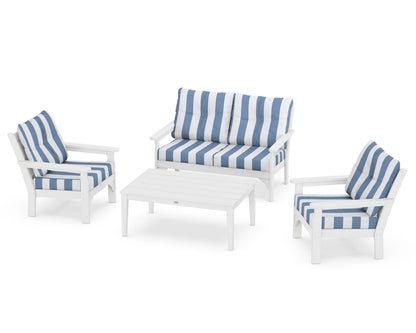 POLYWOOD® Vineyard 4-Piece Deep Seating Set in White / Cabana Stripe Sky Blue