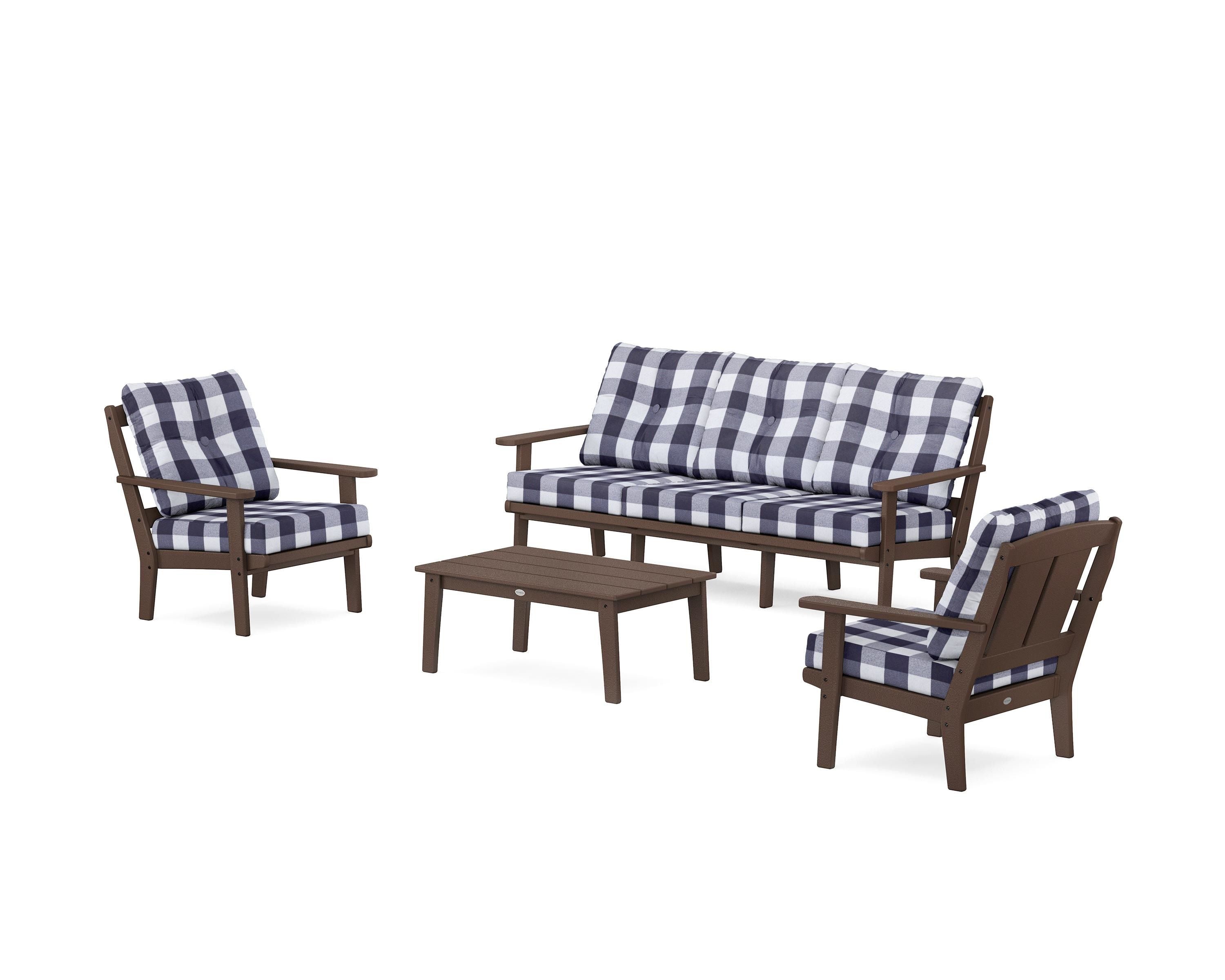 POLYWOOD® Mission 4-Piece Deep Seating Set with Sofa in Mahogany / Buffalo Plaid Navy