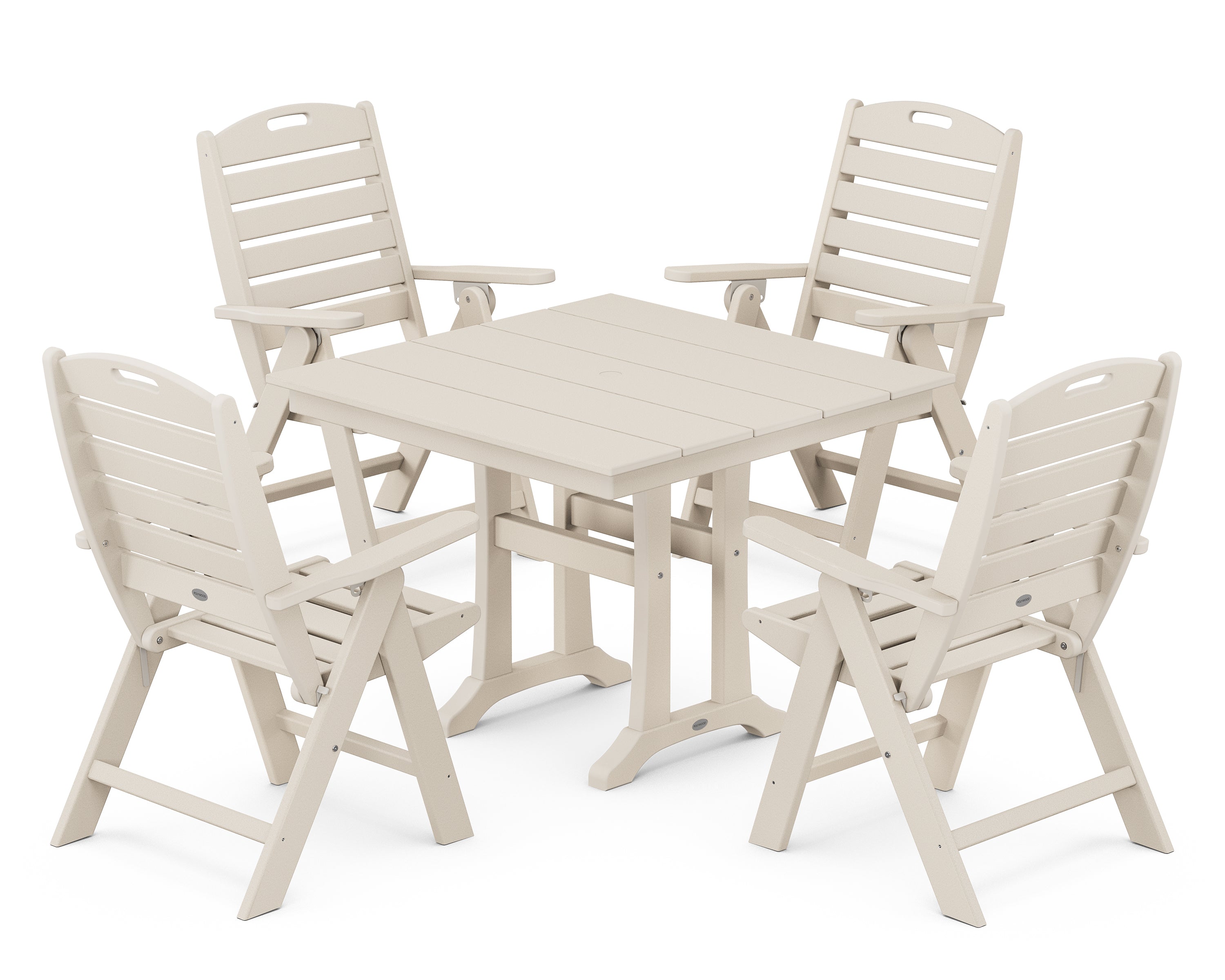 POLYWOOD® Nautical Folding Highback Chair 5-Piece Farmhouse Trestle Dining Set in Sand
