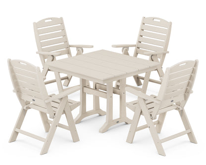 POLYWOOD® Nautical Folding Highback Chair 5-Piece Farmhouse Trestle Dining Set in Sand