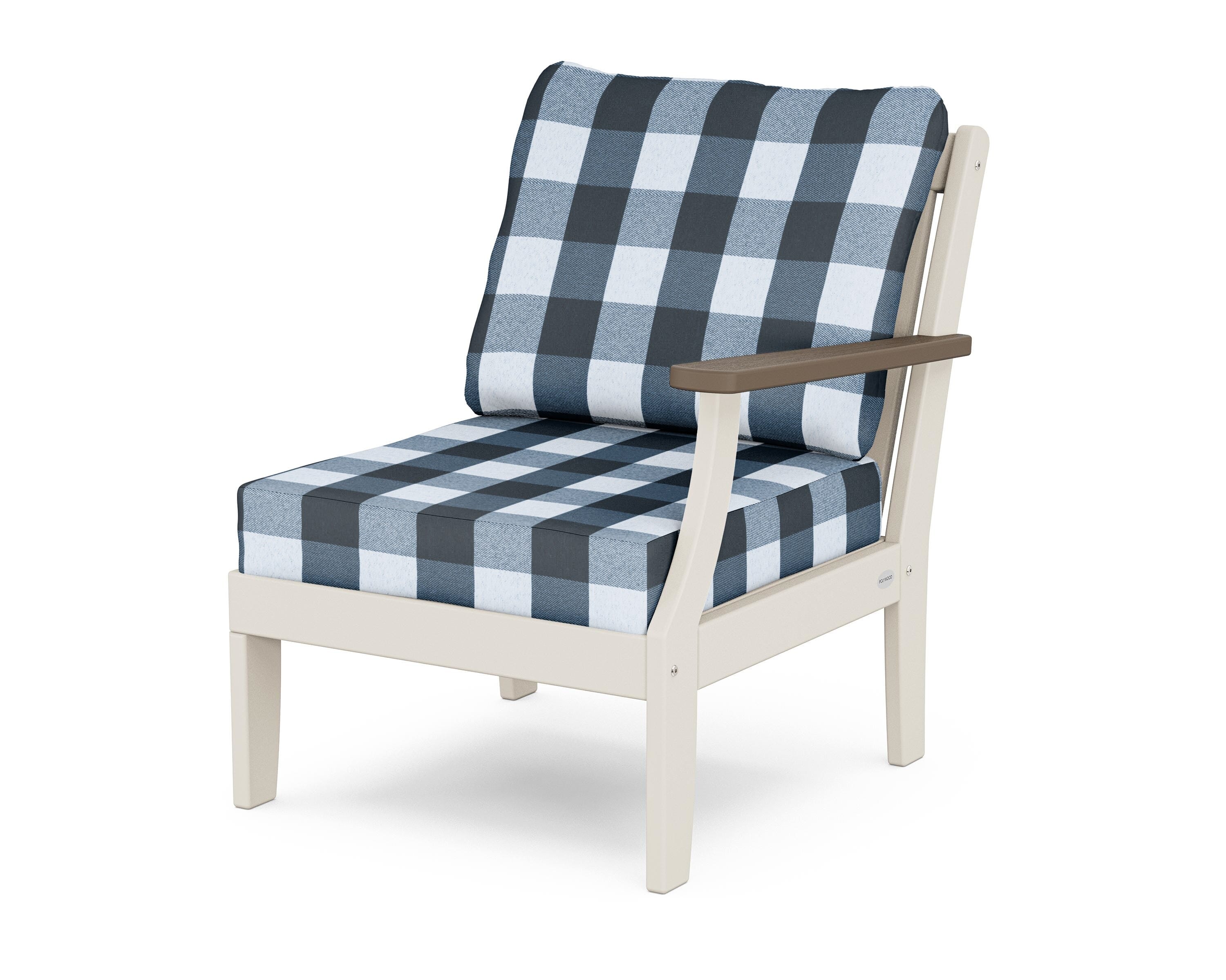 POLYWOOD® Braxton Modular Right Arm Chair in Sand / Kona / Buffalo Plaid Marine Indigo
