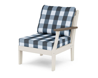 POLYWOOD® Braxton Modular Right Arm Chair in Sand / Kona / Buffalo Plaid Marine Indigo