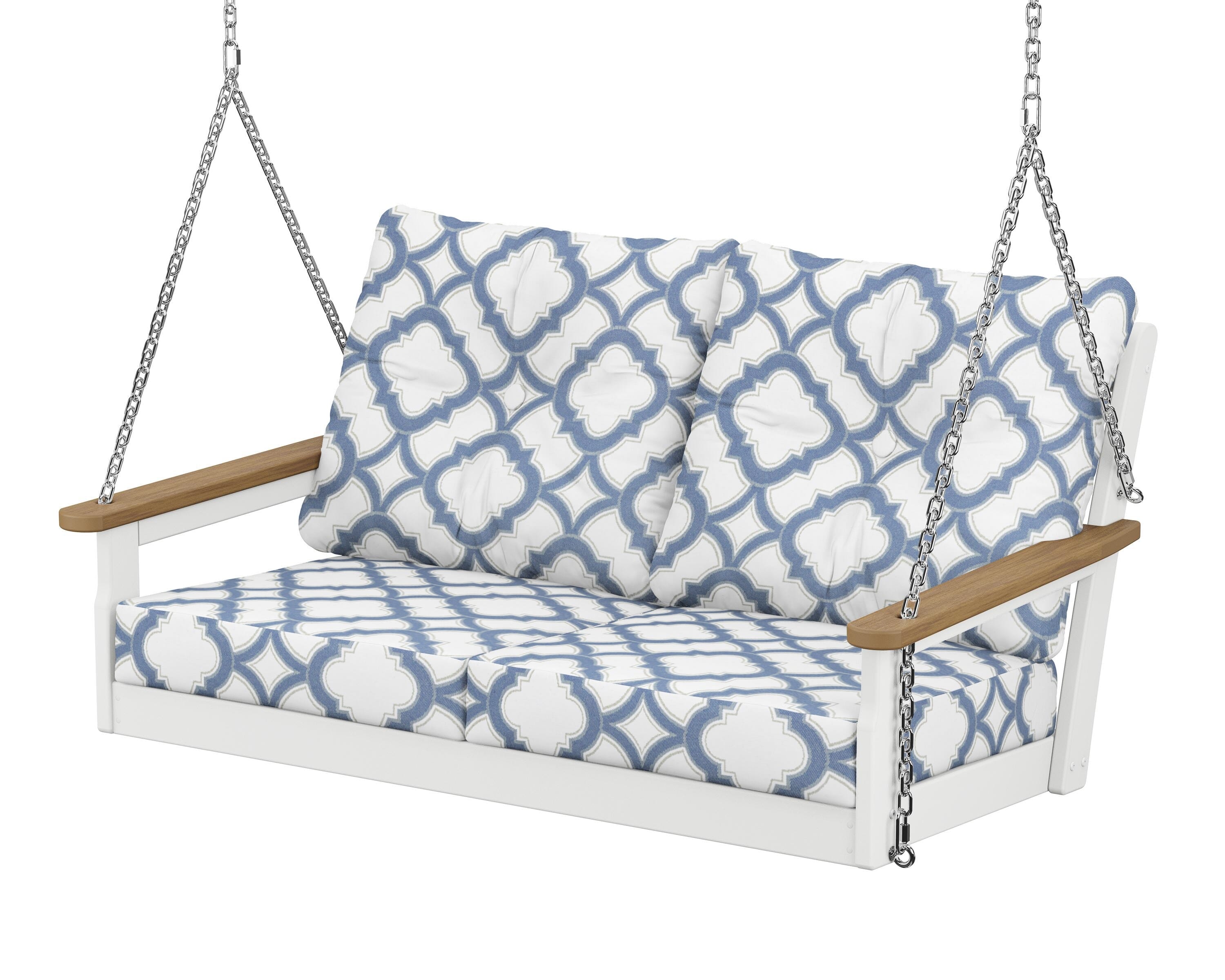 POLYWOOD® Vineyard Deep Seating Swing in White / Natural / Trellis Sky Blue