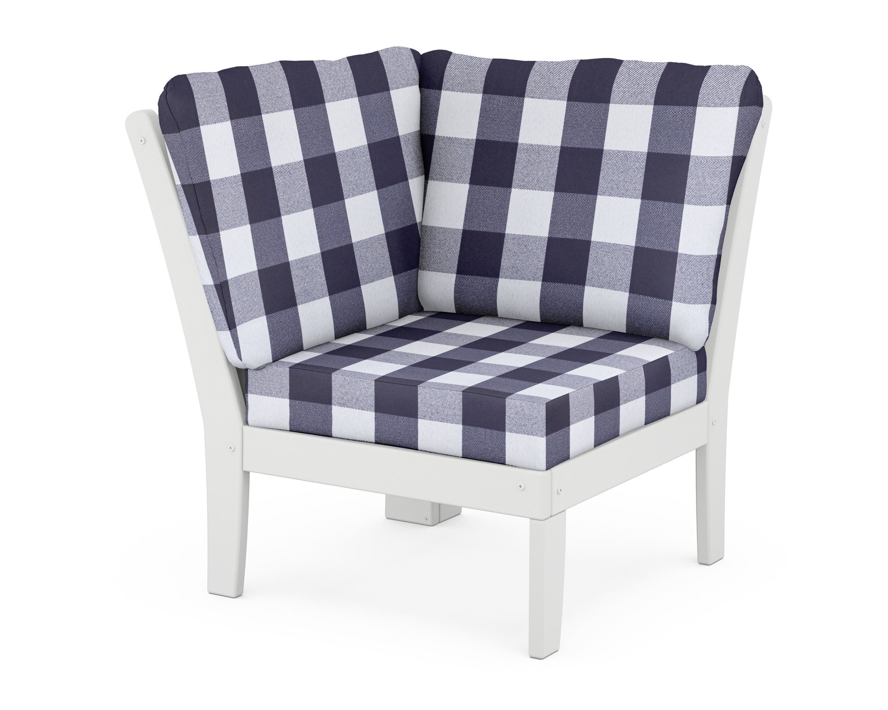 POLYWOOD® Braxton Modular Corner Chair in White / Buffalo Plaid Navy