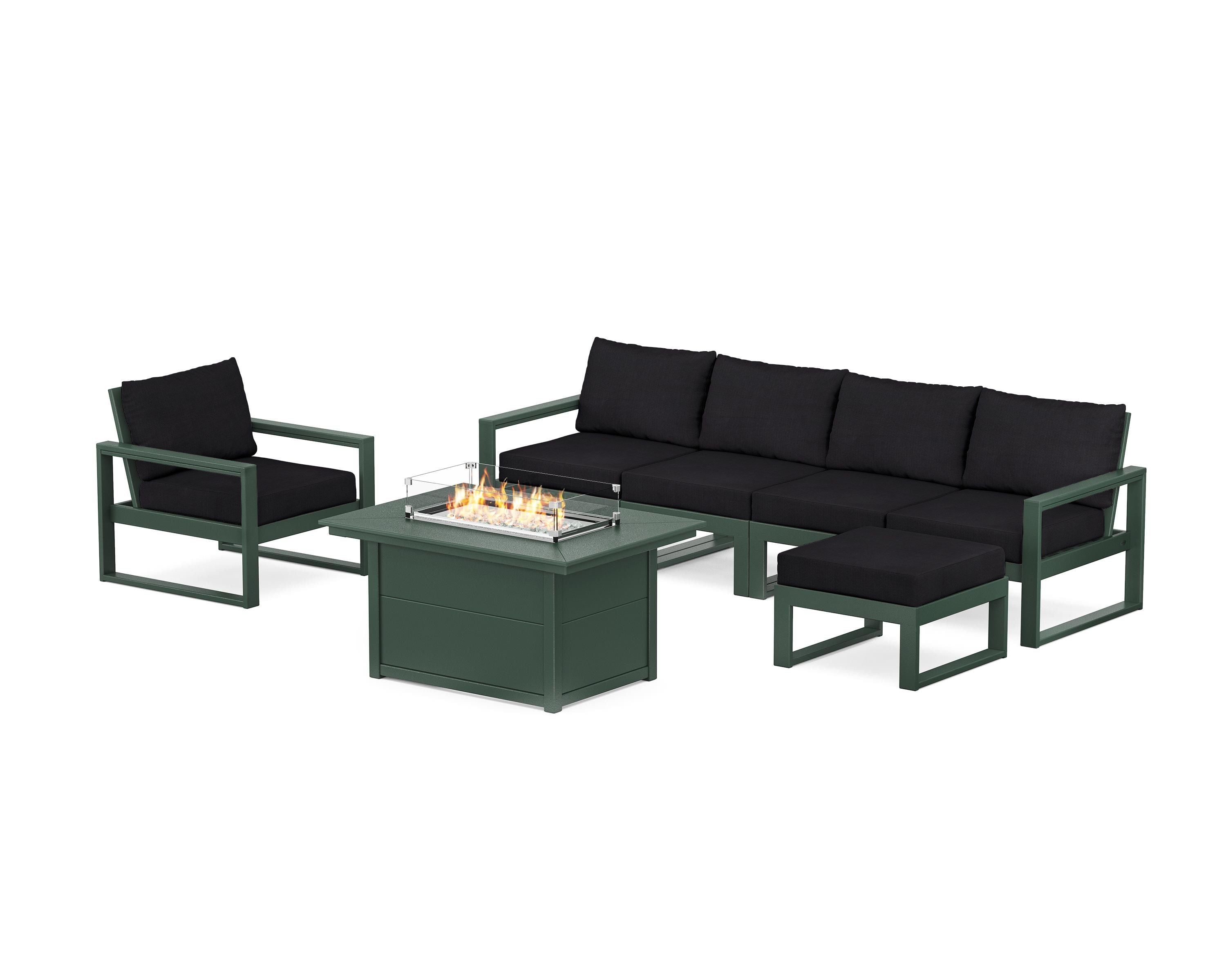 POLYWOOD® EDGE Sectional Lounge and Fire Pit Set in Green / Midnight Linen