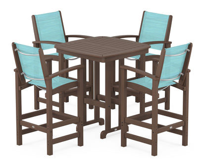 POLYWOOD® Coastal 5-Piece Bar Set in Mahogany / Dupioni Aquamarine Sling