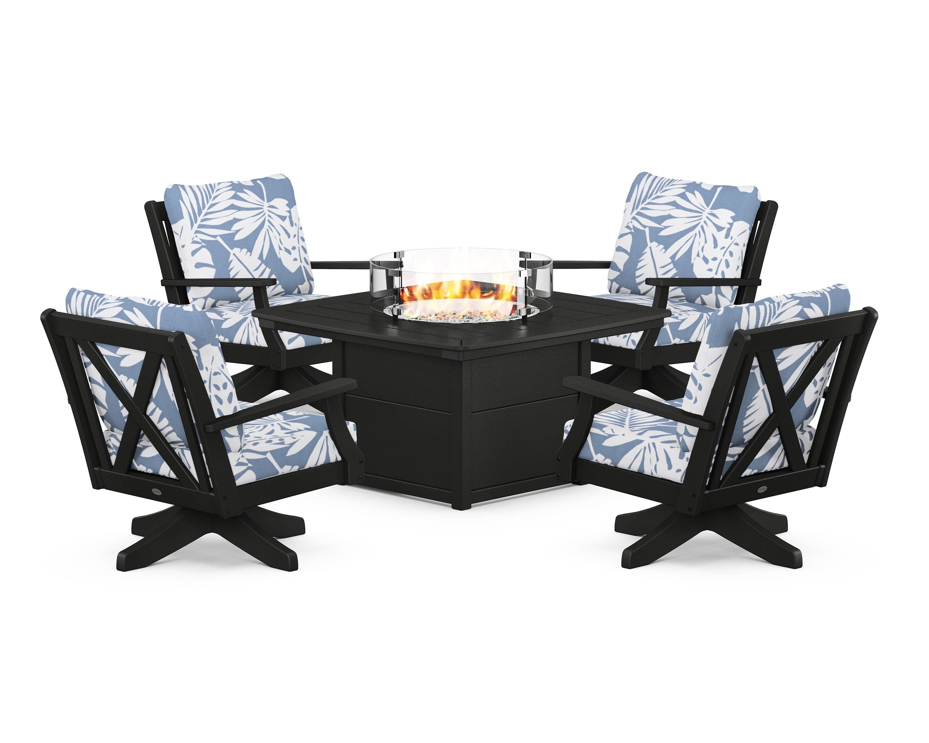 POLYWOOD® Braxton 5-Piece Deep Seating Swivel Conversation Set with Fire Pit Table in Black / Leaf Sky Blue