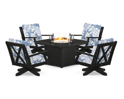 POLYWOOD® Braxton 5-Piece Deep Seating Swivel Conversation Set with Fire Pit Table in Black / Leaf Sky Blue