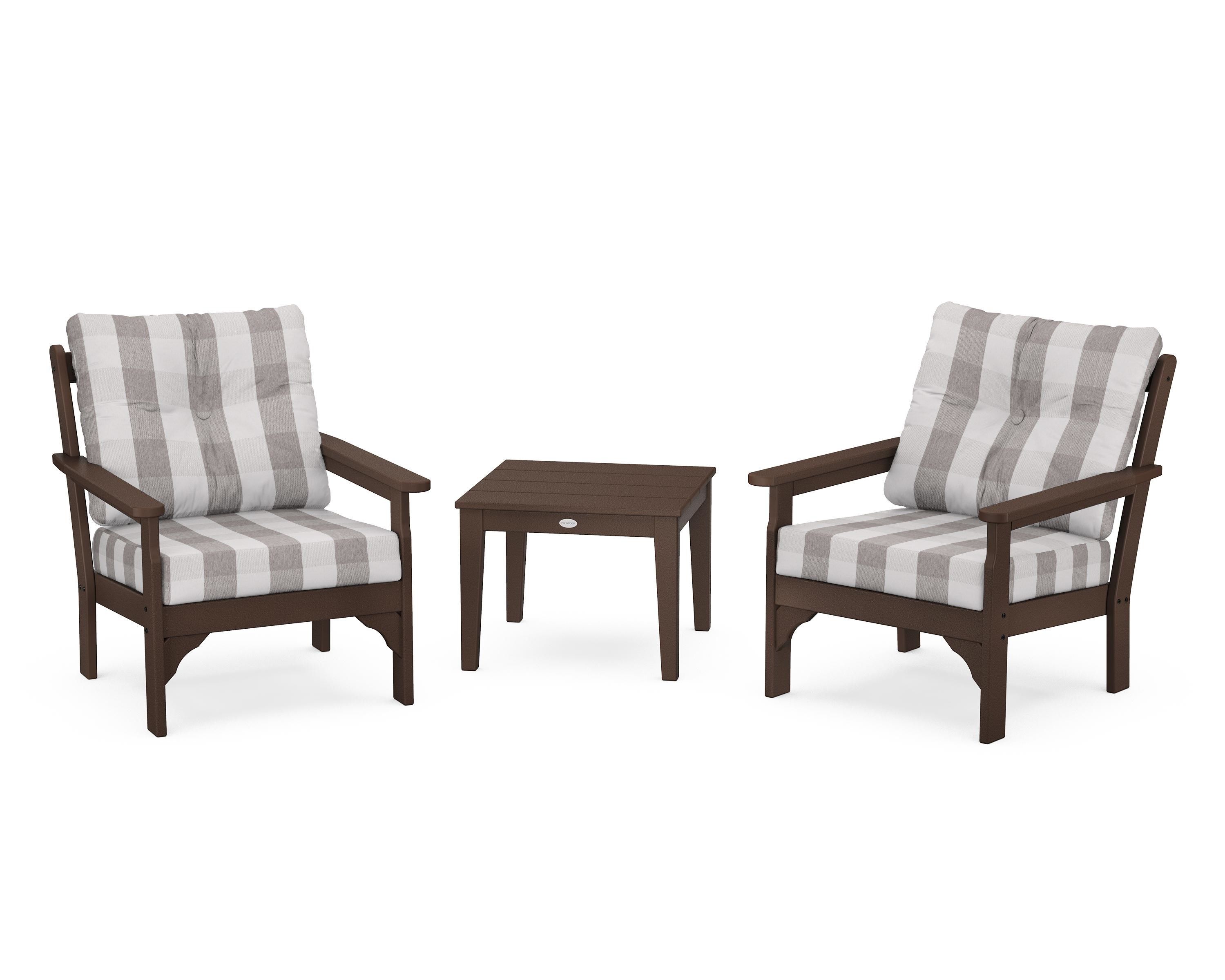 POLYWOOD® Vineyard 3-Piece Deep Seating Set in Mahogany / Buffalo Plaid Grey Mist