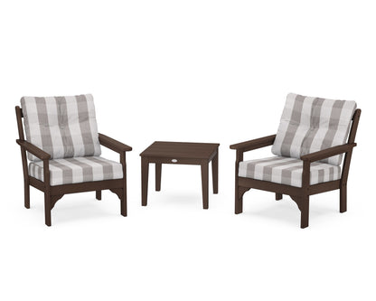 POLYWOOD® Vineyard 3-Piece Deep Seating Set in Mahogany / Buffalo Plaid Grey Mist