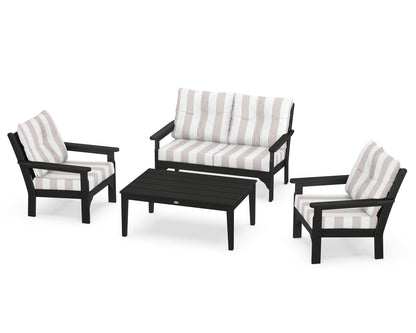 POLYWOOD® Vineyard 4-Piece Deep Seating Set in Black / Cabana Stripe Dune Burlap