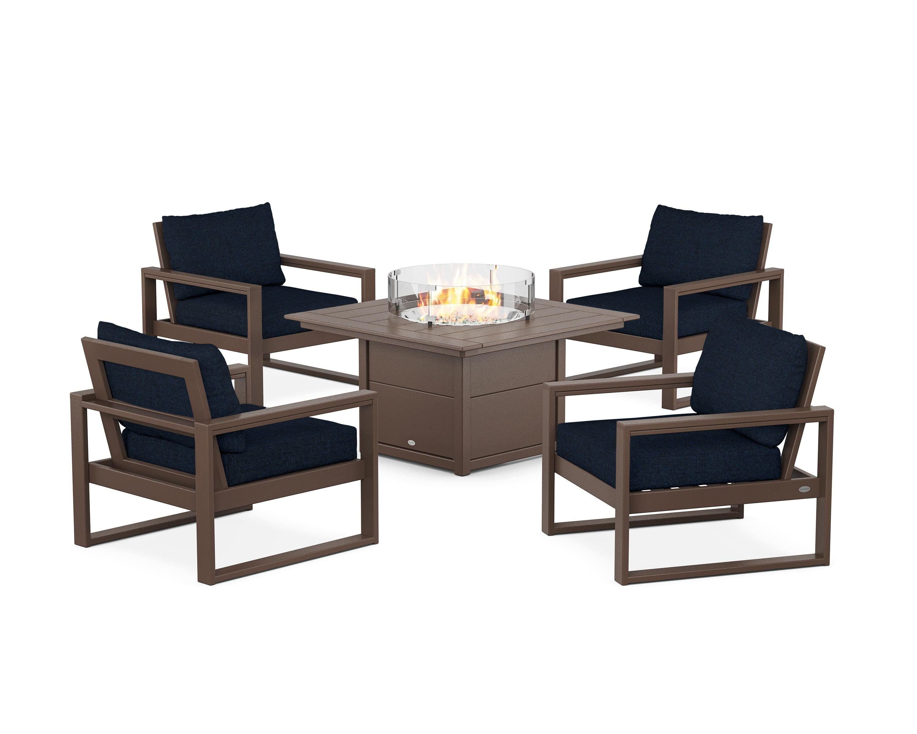 POLYWOOD® EDGE Sectional 5-Piece Deep Seating Set with Fire Pit Table in Mahogany / Marine Indigo