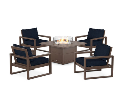 POLYWOOD® EDGE Sectional 5-Piece Deep Seating Set with Fire Pit Table in Mahogany / Marine Indigo