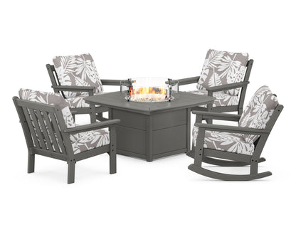 POLYWOOD® Vineyard 5-Piece Deep Seating Rocking Chair Conversation Set with Fire Pit Table in Slate Grey / Leaf Grey Mist