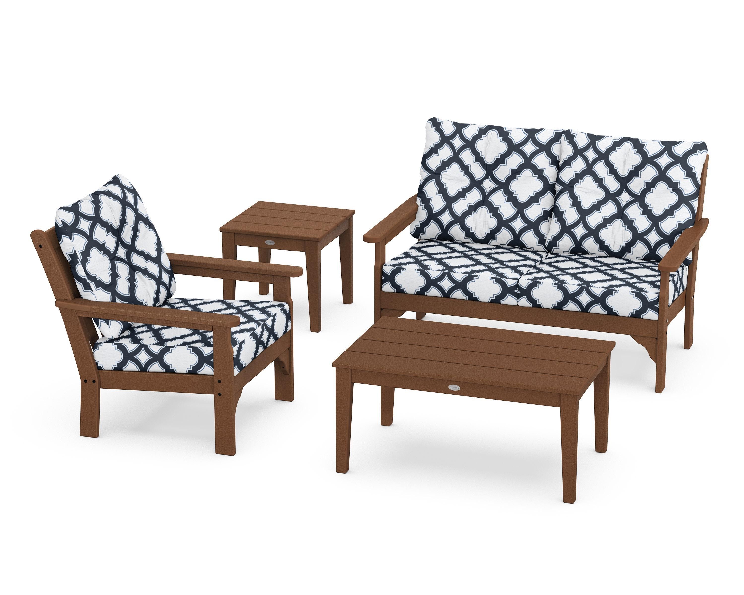 POLYWOOD® Vineyard 4-Piece Deep Seating Set in Teak / Trellis Marine Indigo