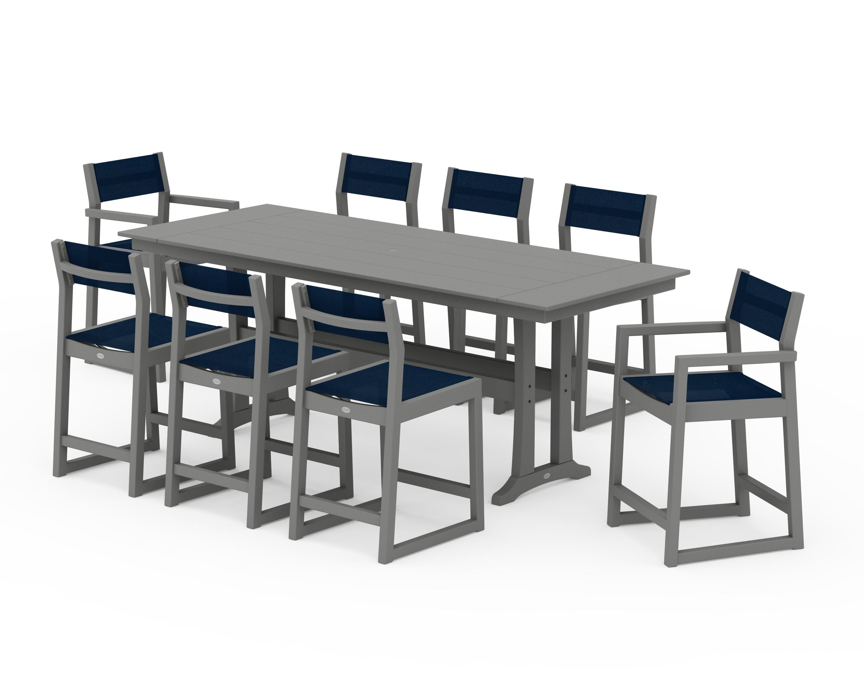 POLYWOOD® EDGE Sling 9-Piece Farmhouse Counter Set with Trestle Legs in Slate Grey / Navy Blue Sling