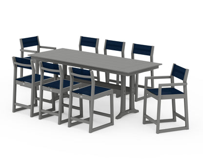POLYWOOD® EDGE Sling 9-Piece Farmhouse Counter Set with Trestle Legs in Slate Grey / Navy Blue Sling
