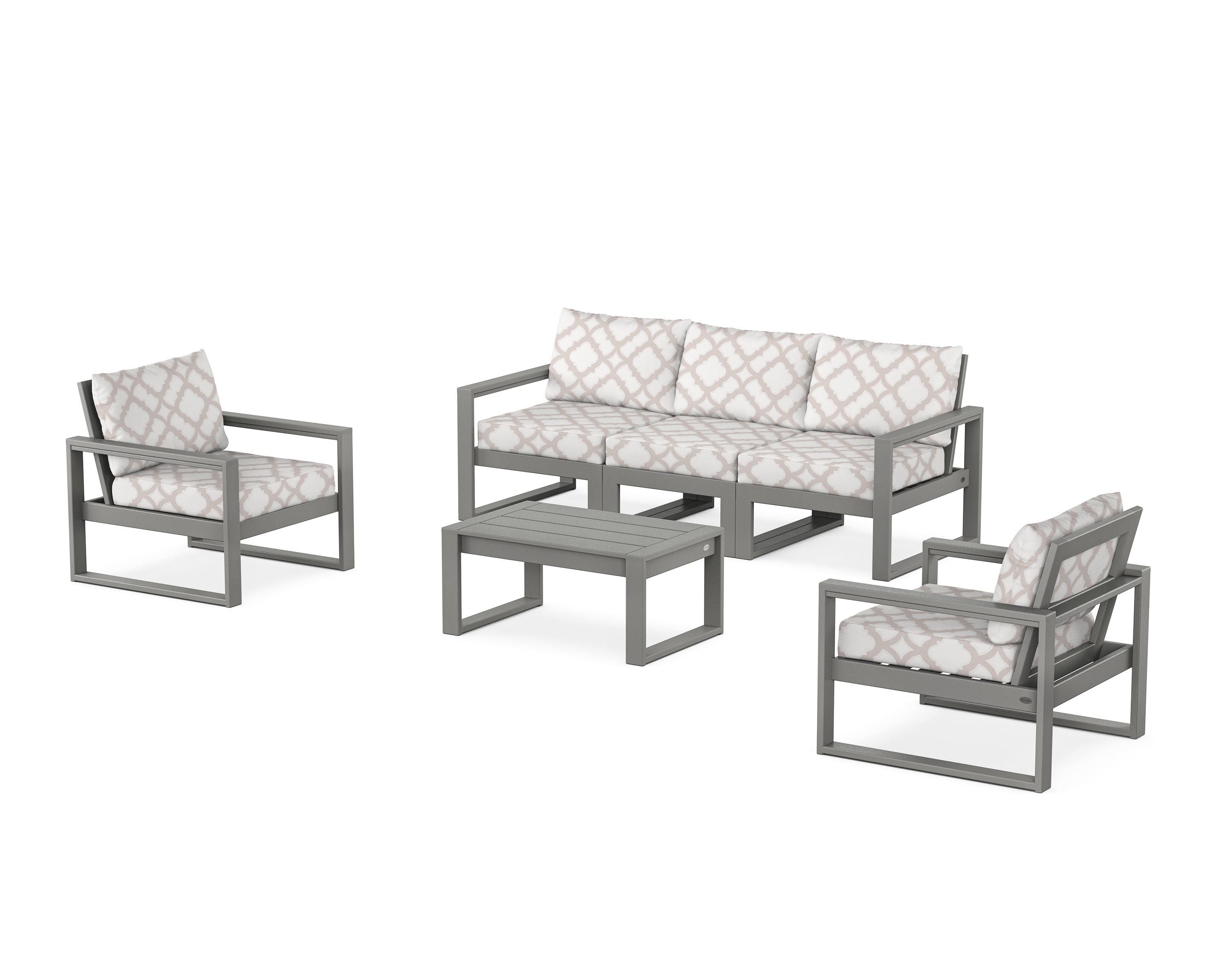 POLYWOOD® EDGE Sectional 4-Piece Deep Seating Set with Sofa in Slate Grey / Trellis Dune Burlap