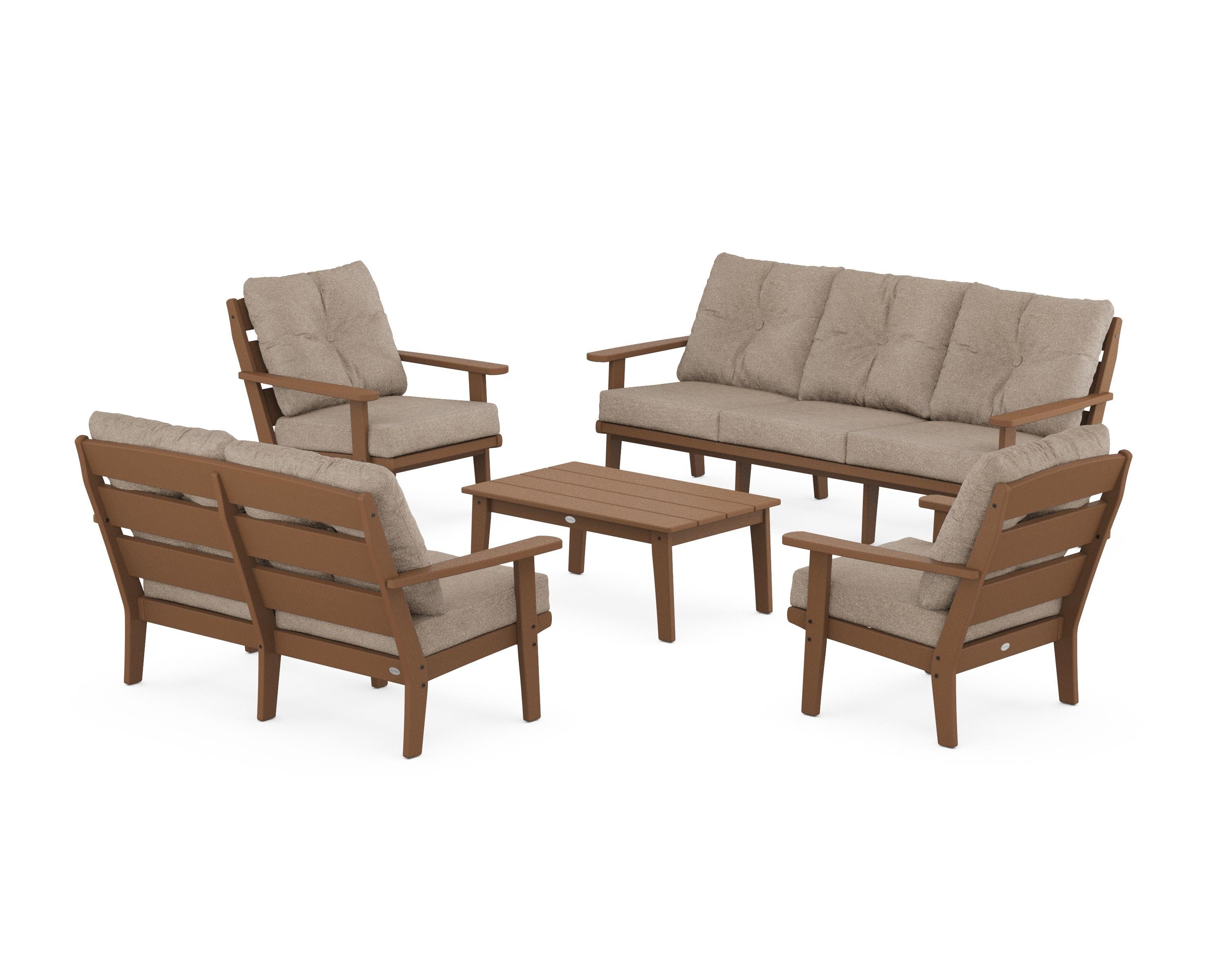 POLYWOOD® Lakeside 5-Piece Lounge Sofa Set in Teak / Spiced Burlap