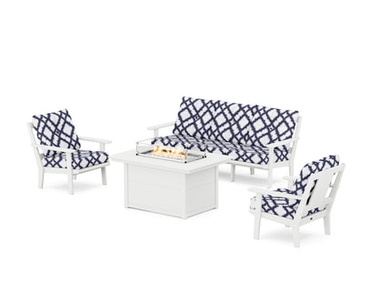 POLYWOOD® Prairie Deep Seating Fire Pit Table Set in White / Trellis Navy