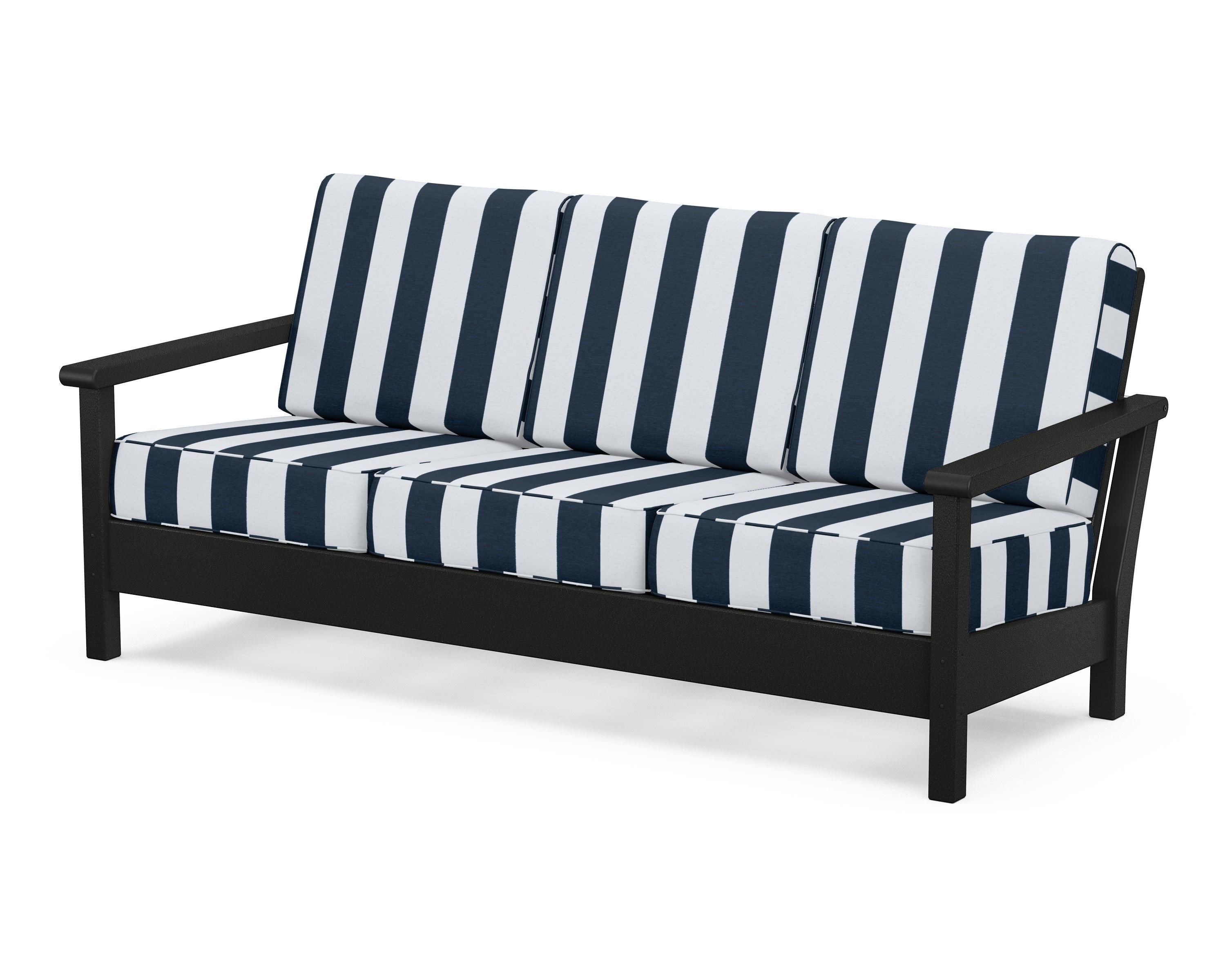 POLYWOOD® Harbour Deep Seating Sofa in Black / Cabana Stripe Marine Indigo