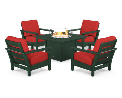 POLYWOOD® Harbour 5-Piece Conversation Set with Fire Pit Table in Green / Crimson Linen