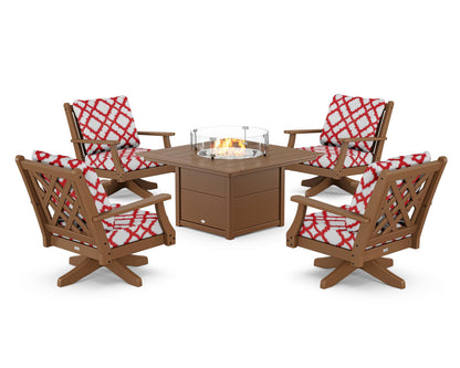 Country Living Wovendale 5-Piece Deep Seating Swivel Conversation Set with Fire Pit Table in Teak / Trellis Crimson