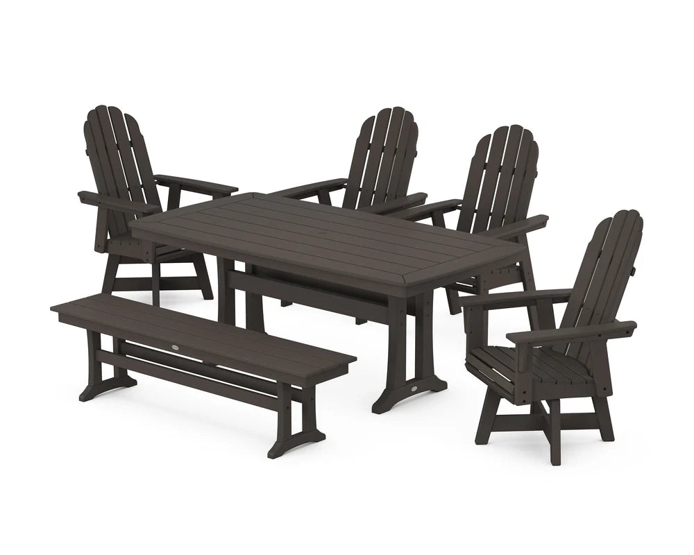 Vineyard Curveback Adirondack Swivel Chair 6-Piece Dining Set with Trestle Legs and Bench