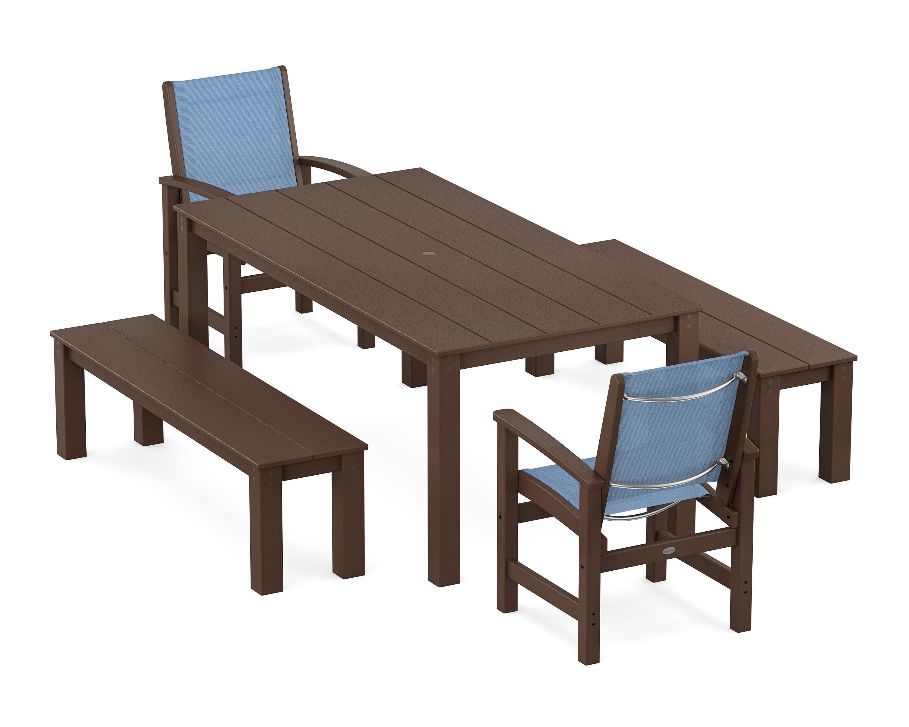 POLYWOOD® Coastal 5-Piece Parsons Dining Set with Benches in Mahogany / Poolside Sling