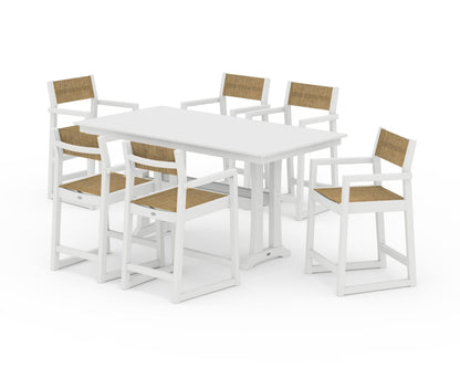 POLYWOOD® EDGE Sling Arm Chair 7-Piece Farmhouse Counter Set with Trestle Legs in White / Burlap Sling