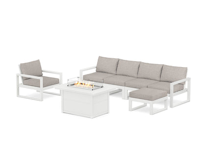 POLYWOOD® EDGE Sectional Lounge and Fire Pit Set in White / Weathered Tweed