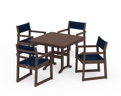 POLYWOOD® EDGE Sling Arm Chair 5-Piece Farmhouse Dining Set in Mahogany / Navy Blue Sling