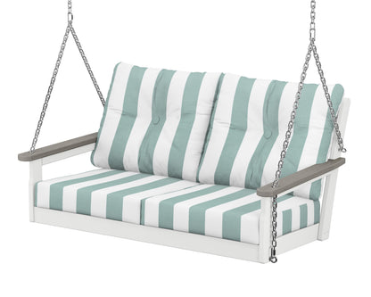 POLYWOOD® Vineyard Deep Seating Swing in White / Driftwood / Cabana Stripe Glacier Spa