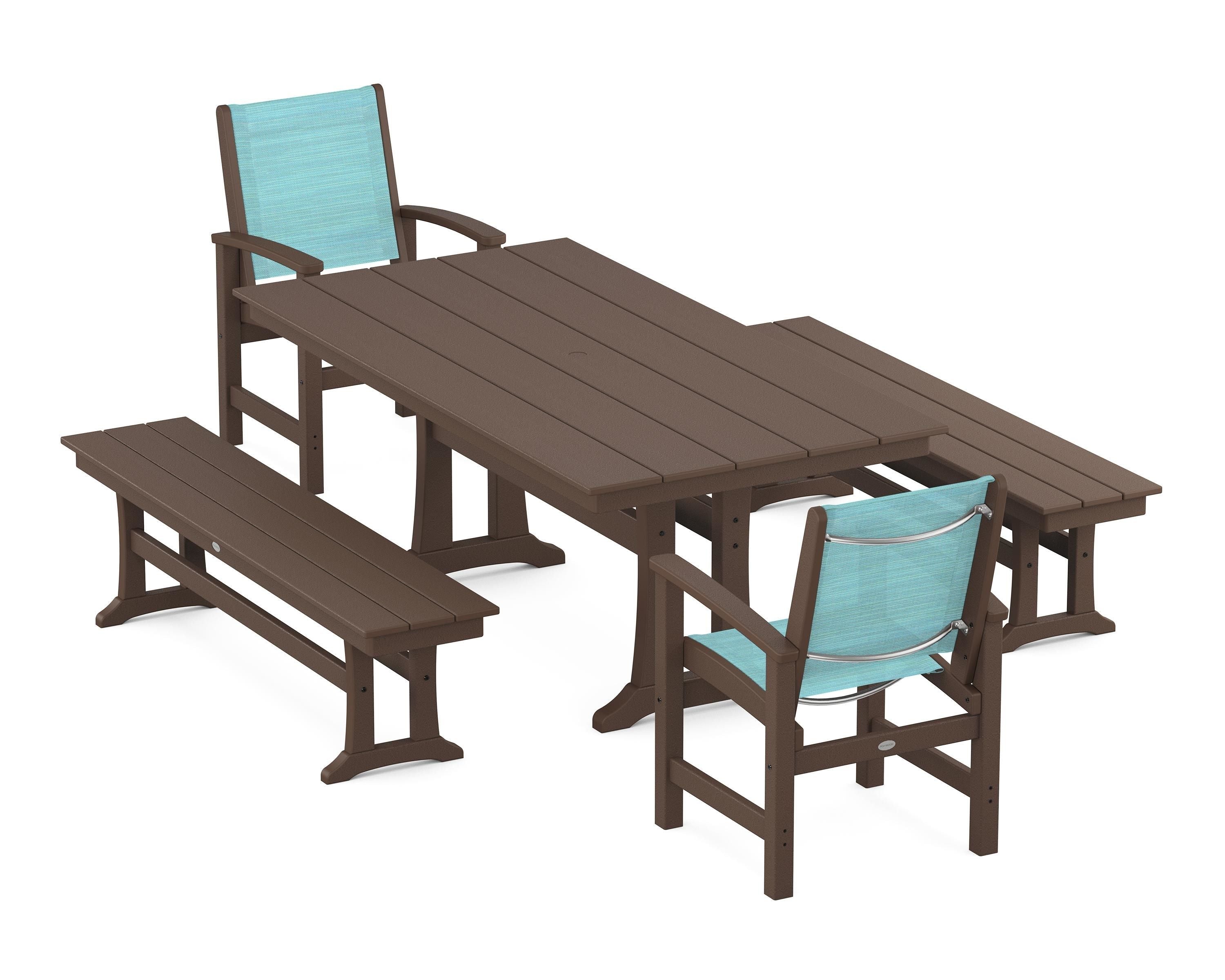 POLYWOOD® Coastal 5-Piece Farmhouse Dining Set with Trestle Legs and Benches in Mahogany / Dupioni Aquamarine Sling