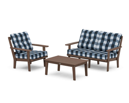 POLYWOOD® Oxford 3-Piece Deep Seating Set with Loveseat in Mahogany / Buffalo Plaid Marine Indigo
