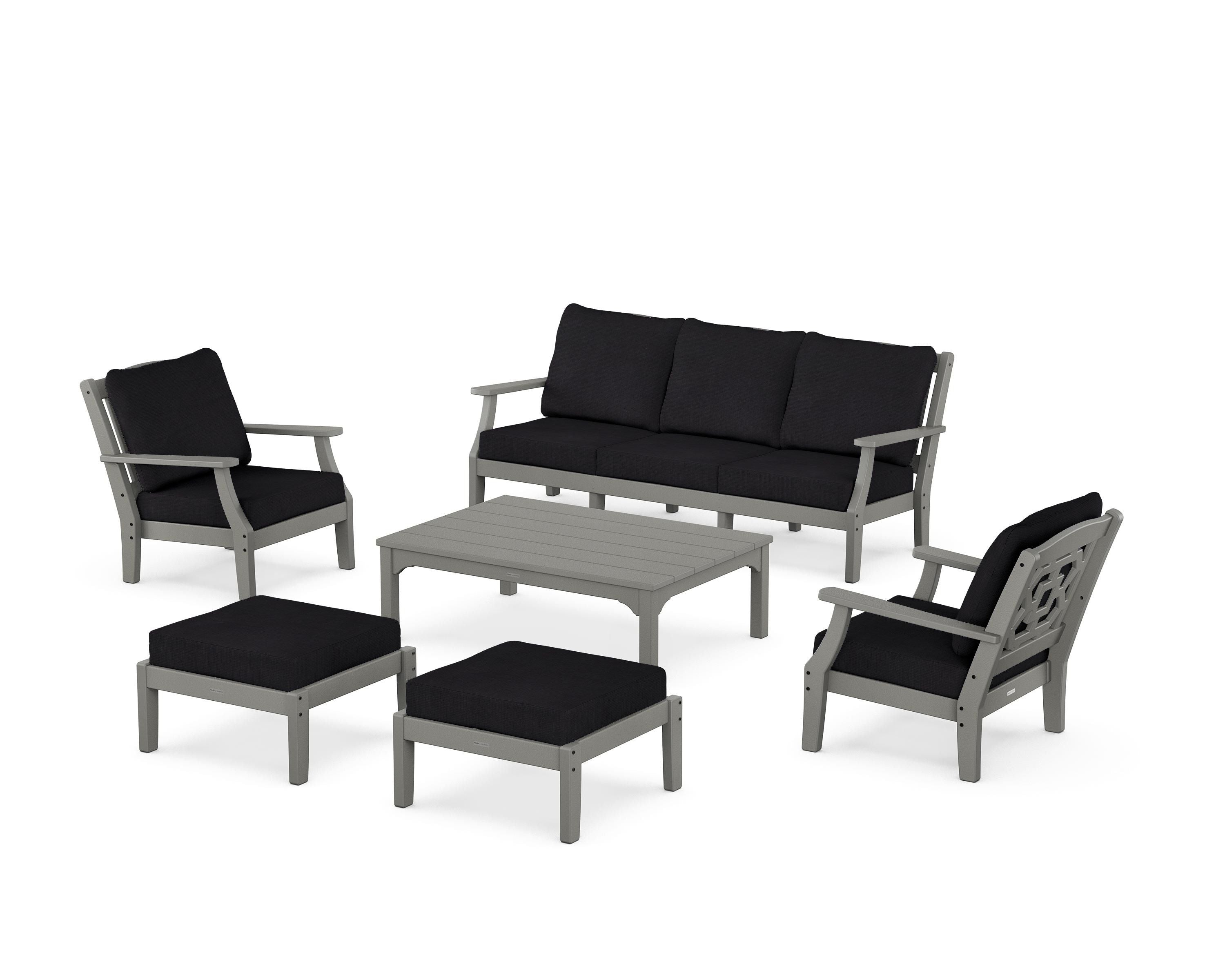 Martha Stewart by POLYWOOD® Chinoiserie 6-Piece Lounge Sofa Set in Slate Grey / Midnight Linen