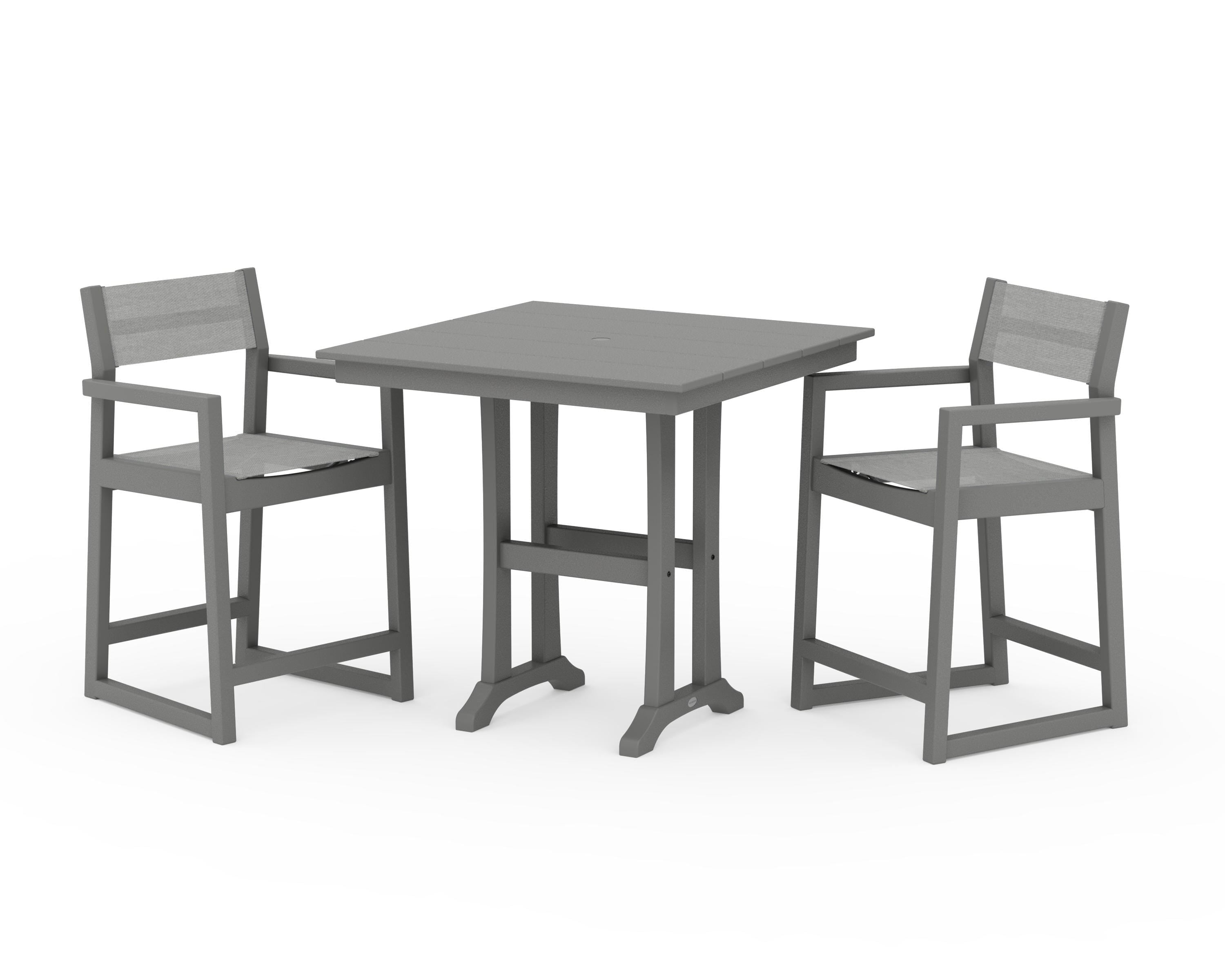 POLYWOOD® EDGE Sling Arm Chair 3-Piece Farmhouse Counter Set with Trestle Legs in Slate Grey / Metallic Sling