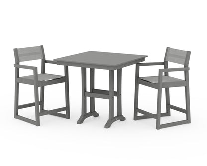 POLYWOOD® EDGE Sling Arm Chair 3-Piece Farmhouse Counter Set with Trestle Legs in Slate Grey / Metallic Sling