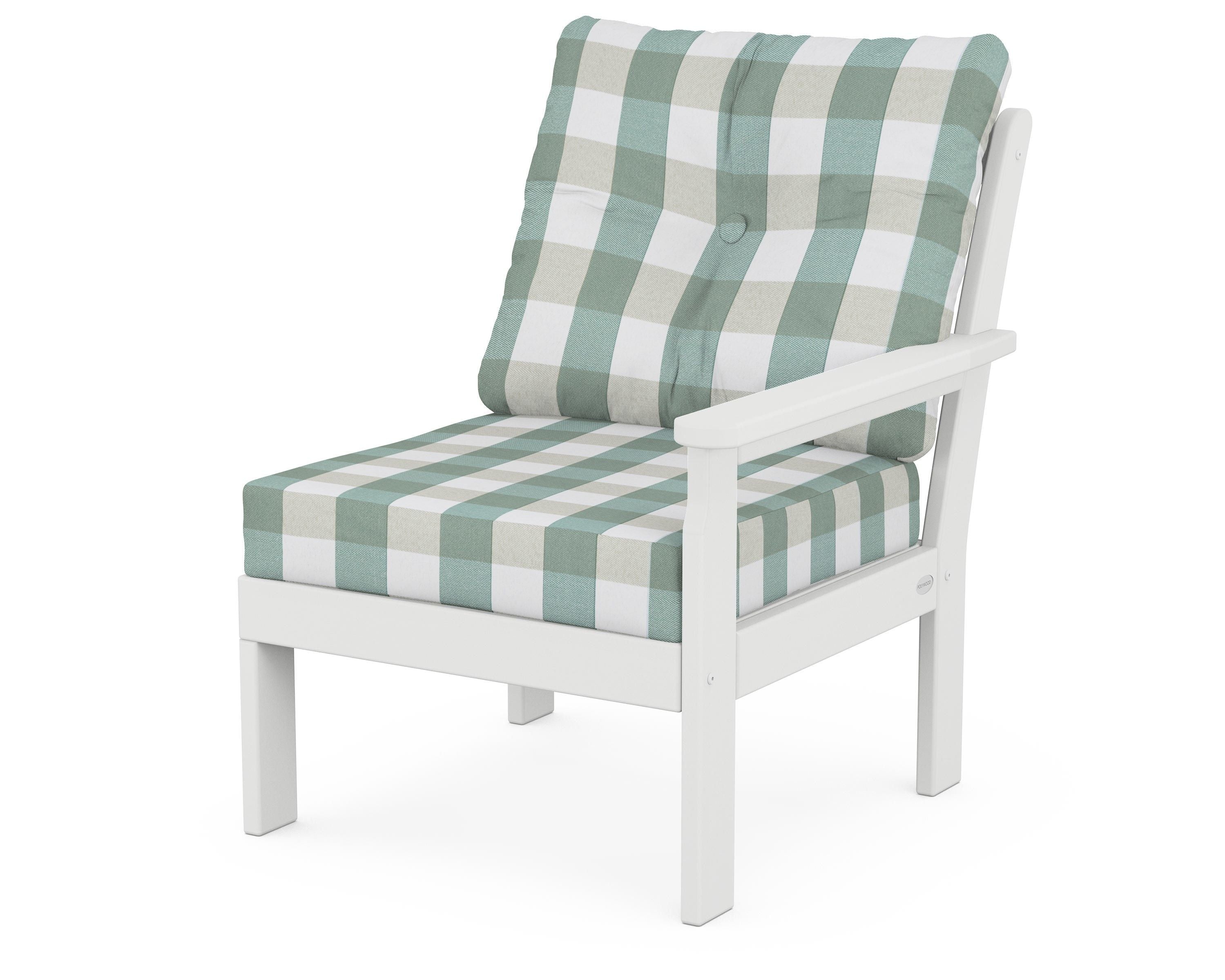 POLYWOOD® Vineyard Modular Right Arm Chair in White / Buffalo Plaid Glacier Spa